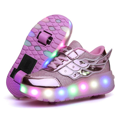 Unisex Kids LED High-top USB Rechargeable Trainer Roller Skates Shoes with Single Double Wheels Retractable Lightweight Outdoor Sports Cross Trainers Gymnastic Running Sneakers for Boys Girls