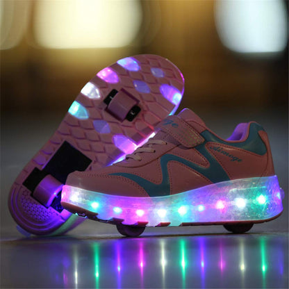 Unisex Kids LED High-top USB Rechargeable Trainer Roller Skates Shoes with Single Double Wheels Retractable Lightweight Outdoor Sports Cross Trainers Gymnastic Running Sneakers for Boys Girls