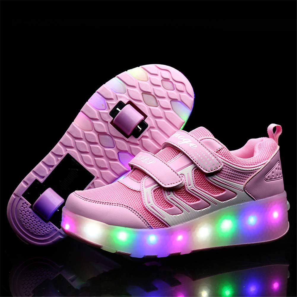 Unisex Kids LED High-top USB Rechargeable Trainer Roller Skates Shoes with Single Double Wheels Retractable Lightweight Outdoor Sports Cross Trainers Gymnastic Running Sneakers for Boys Girls