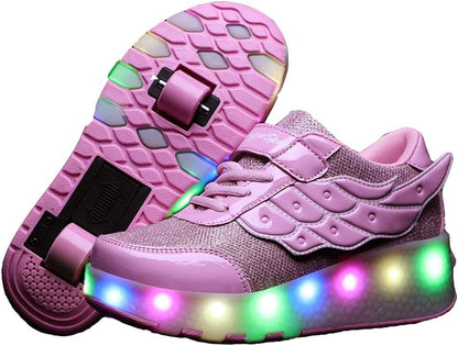 Unisex Kids LED High-top USB Rechargeable Trainer Roller Skates Shoes with Single Double Wheels Retractable Lightweight Outdoor Sports Cross Trainers Gymnastic Running Sneakers for Boys Girls