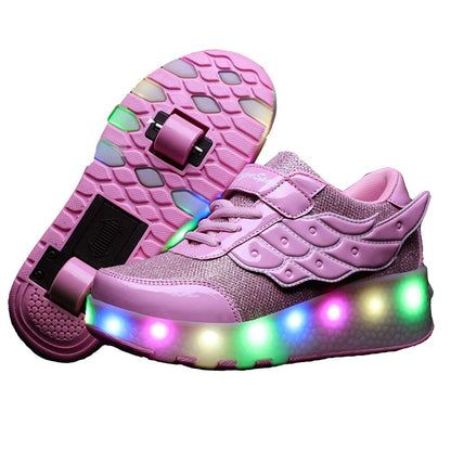 Unisex Kids LED High-top USB Rechargeable Trainer Roller Skates Shoes with Single Double Wheels Retractable Lightweight Outdoor Sports Cross Trainers Gymnastic Running Sneakers for Boys Girls