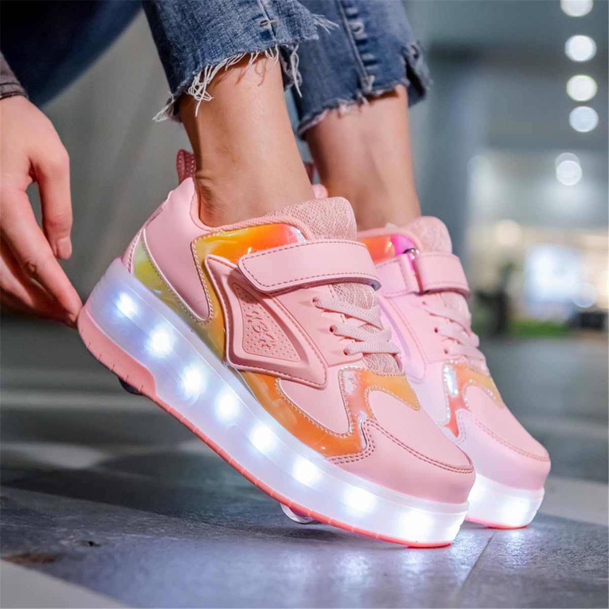 Unisex Kids LED High-top USB Rechargeable Trainer Roller Skates Shoes with Single Double Wheels Retractable Lightweight Outdoor Sports Cross Trainers Gymnastic Running Sneakers for Boys Girls