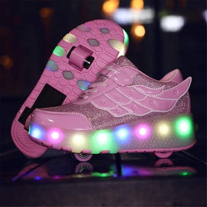 Unisex Kids LED High-top USB Rechargeable Trainer Roller Skates Shoes with Single Double Wheels Retractable Lightweight Outdoor Sports Cross Trainers Gymnastic Running Sneakers for Boys Girls