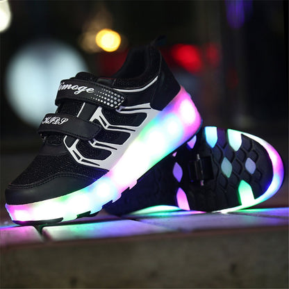 Unisex Kids LED High-top USB Rechargeable Trainer Roller Skates Shoes with Single Double Wheels Retractable Lightweight Outdoor Sports Cross Trainers Gymnastic Running Sneakers for Boys Girls