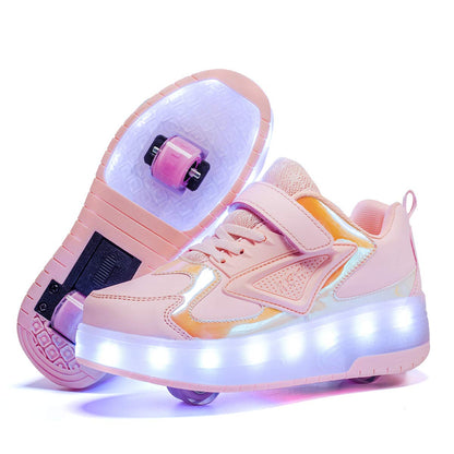 Unisex Kids LED High-top USB Rechargeable Trainer Roller Skates Shoes with Single Double Wheels Retractable Lightweight Outdoor Sports Cross Trainers Gymnastic Running Sneakers for Boys Girls