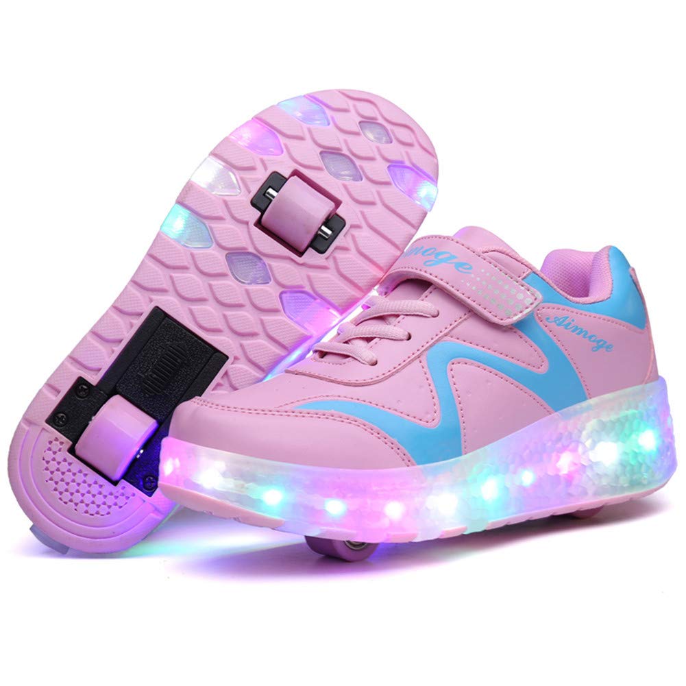 Unisex Kids LED High-top USB Rechargeable Trainer Roller Skates Shoes with Single Double Wheels Retractable Lightweight Outdoor Sports Cross Trainers Gymnastic Running Sneakers for Boys Girls