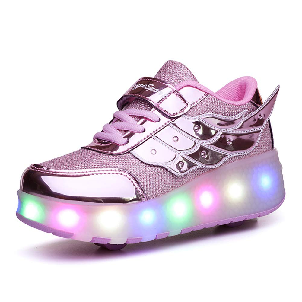 Unisex Kids LED High-top USB Rechargeable Trainer Roller Skates Shoes with Single Double Wheels Retractable Lightweight Outdoor Sports Cross Trainers Gymnastic Running Sneakers for Boys Girls