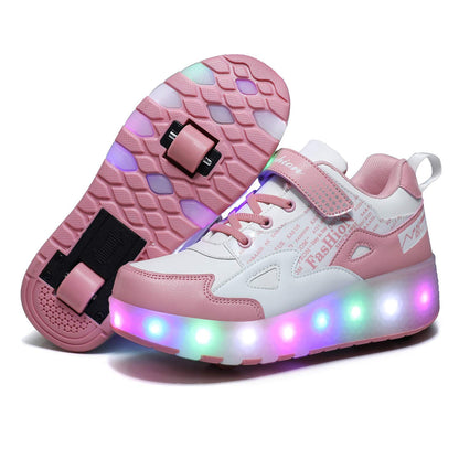 Unisex Kids LED High-top USB Rechargeable Trainer Roller Skates Shoes with Single Double Wheels Retractable Lightweight Outdoor Sports Cross Trainers Gymnastic Running Sneakers for Boys Girls