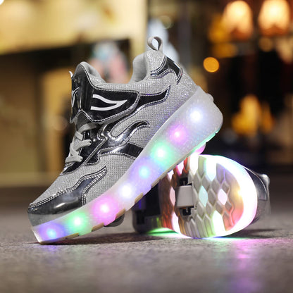 Unisex Kids LED High-top USB Rechargeable Trainer Roller Skates Shoes with Single Double Wheels Retractable Lightweight Outdoor Sports Cross Trainers Gymnastic Running Sneakers for Boys Girls