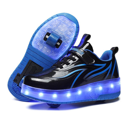 Unisex Kids LED High-top USB Rechargeable Trainer Roller Skates Shoes with Single Double Wheels Retractable Lightweight Outdoor Sports Cross Trainers Gymnastic Running Sneakers for Boys Girls