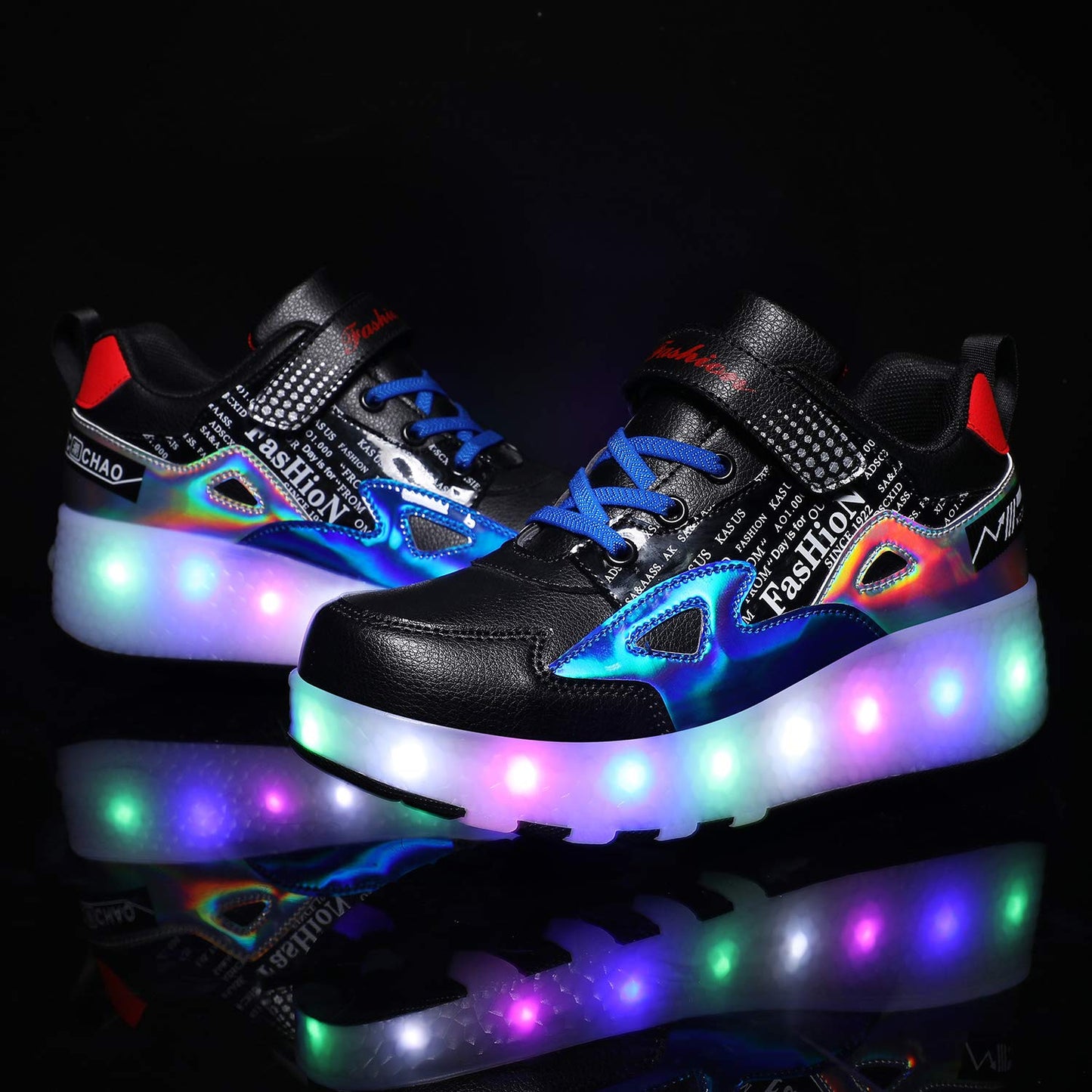 Unisex Kids LED High-top USB Rechargeable Trainer Roller Skates Shoes with Single Double Wheels Retractable Lightweight Outdoor Sports Cross Trainers Gymnastic Running Sneakers for Boys Girls