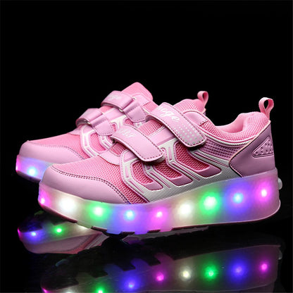 Unisex Kids LED High-top USB Rechargeable Trainer Roller Skates Shoes with Single Double Wheels Retractable Lightweight Outdoor Sports Cross Trainers Gymnastic Running Sneakers for Boys Girls