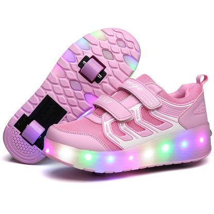 Unisex Kids LED High-top USB Rechargeable Trainer Roller Skates Shoes with Single Double Wheels Retractable Lightweight Outdoor Sports Cross Trainers Gymnastic Running Sneakers for Boys Girls