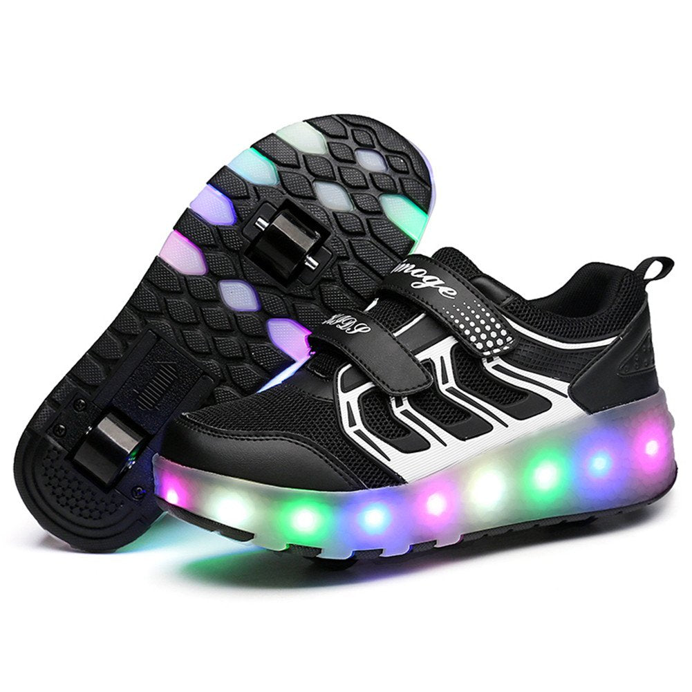 Unisex Kids LED High-top USB Rechargeable Trainer Roller Skates Shoes with Single Double Wheels Retractable Lightweight Outdoor Sports Cross Trainers Gymnastic Running Sneakers for Boys Girls