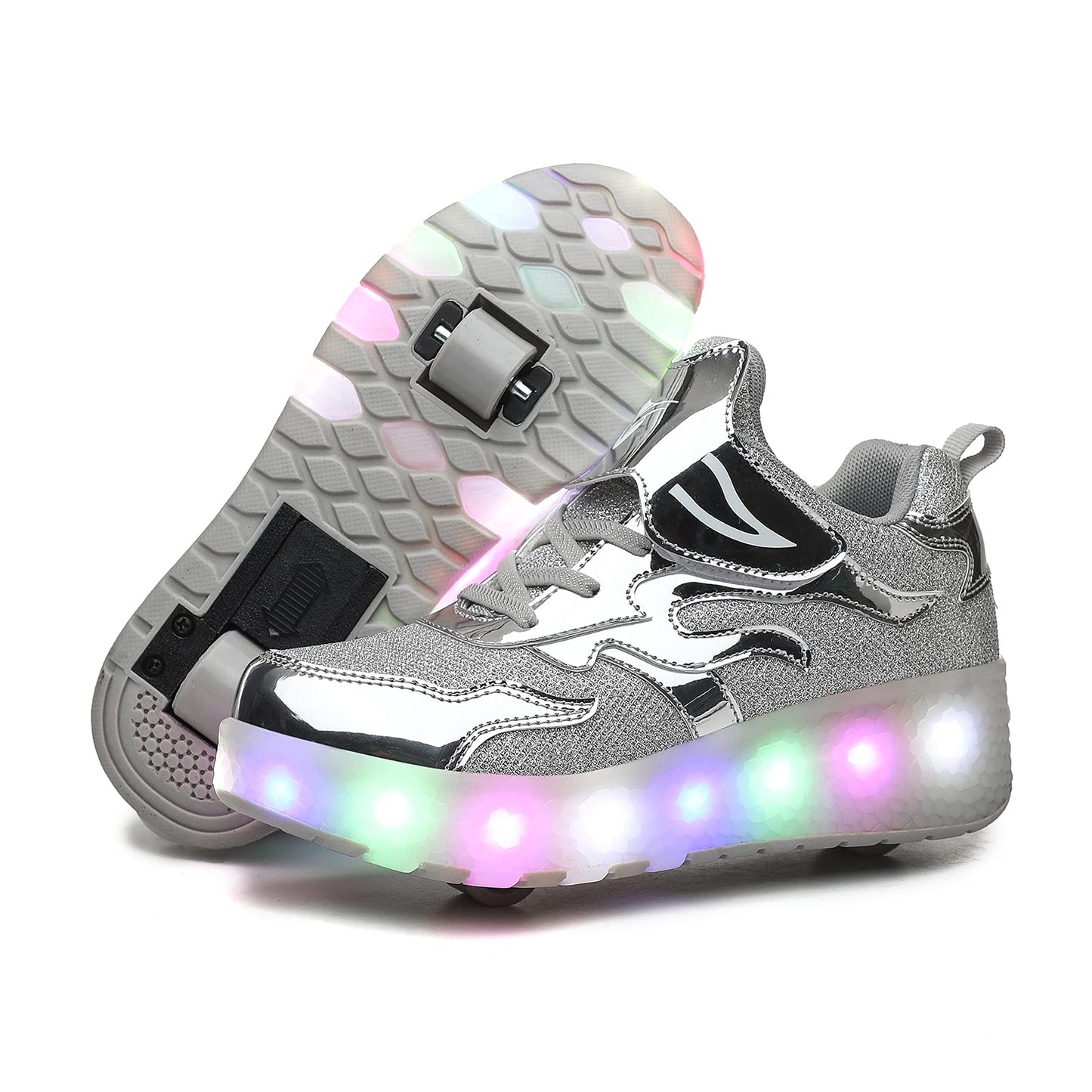 Unisex Kids LED High-top USB Rechargeable Trainer Roller Skates Shoes with Single Double Wheels Retractable Lightweight Outdoor Sports Cross Trainers Gymnastic Running Sneakers for Boys Girls