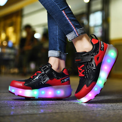 Unisex Kids LED High-top USB Rechargeable Trainer Roller Skates Shoes with Single Double Wheels Retractable Lightweight Outdoor Sports Cross Trainers Gymnastic Running Sneakers for Boys Girls