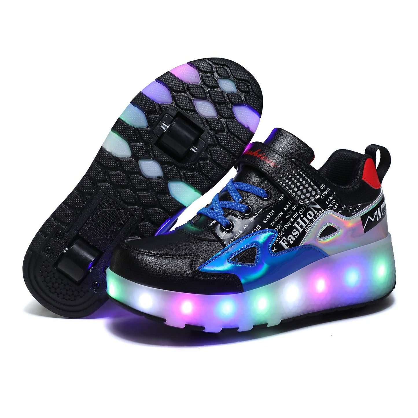 Unisex Kids LED High-top USB Rechargeable Trainer Roller Skates Shoes with Single Double Wheels Retractable Lightweight Outdoor Sports Cross Trainers Gymnastic Running Sneakers for Boys Girls