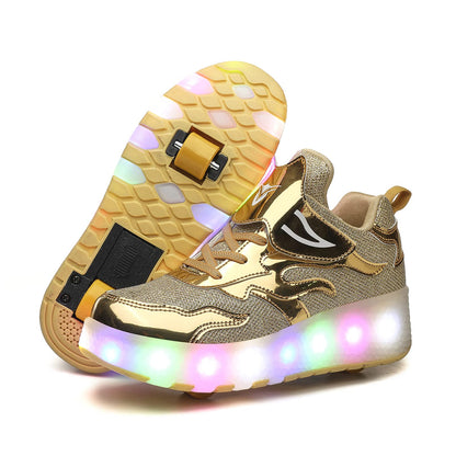 Unisex Kids LED High-top USB Rechargeable Trainer Roller Skates Shoes with Single Double Wheels Retractable Lightweight Outdoor Sports Cross Trainers Gymnastic Running Sneakers for Boys Girls